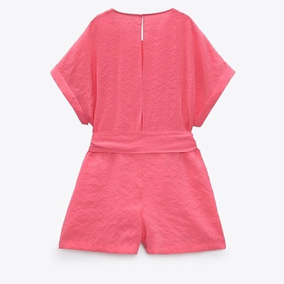 Zara Belted Short Romper XXL Barbie Hot Pink Open Back Pockets Modal Cuffed - Picture 6 of 8